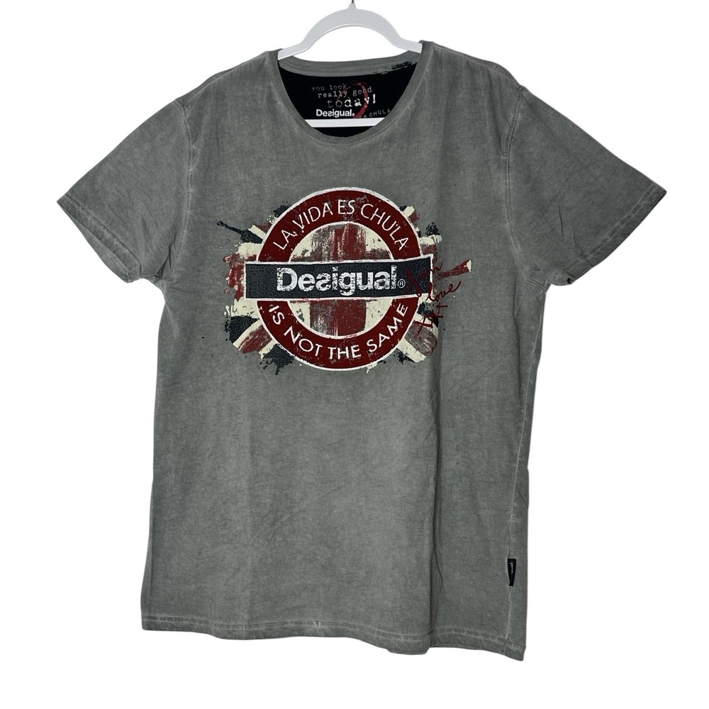 Desigual T Shirt Mens 3XL‎ Gray Graphics Short Sleeve Stretch Classic
